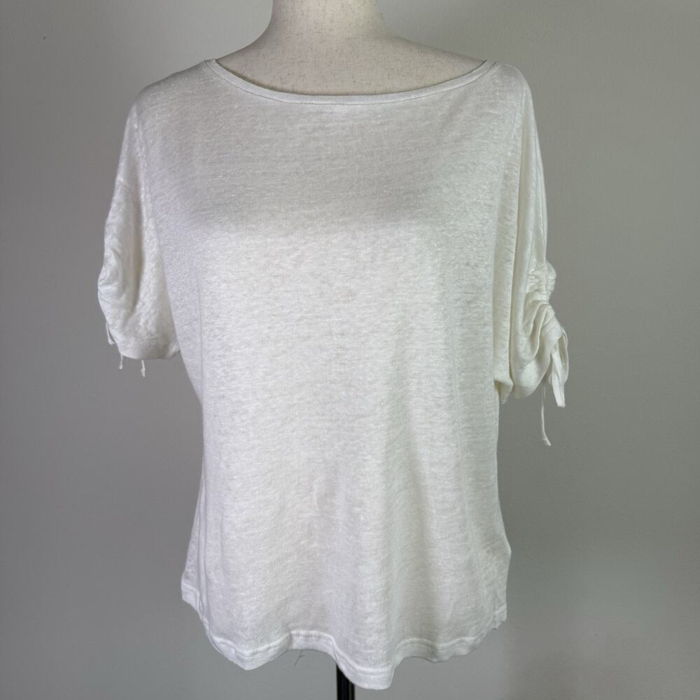 Woolovers Linen Top Size Medium‎ White Gathered Detail Cinch Sleeve Boho Natural